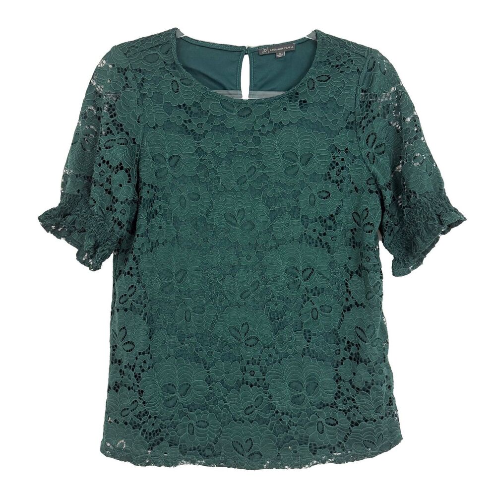 ADRIANNA PAPELL Lace Puff Sleeve Blouse M Evergreen Lined Top EUC B60
